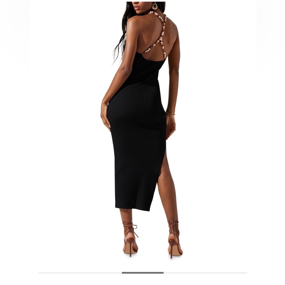 Astr Black Ribbed Halter Dress with Beaded Details and Side Slit - Picture 2 of 7